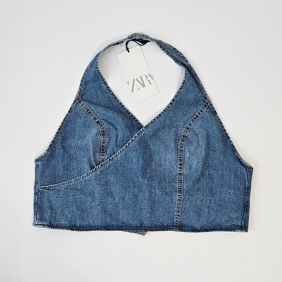 ZARA OPEN BACK DENIM TOP - Picture 3 of 10